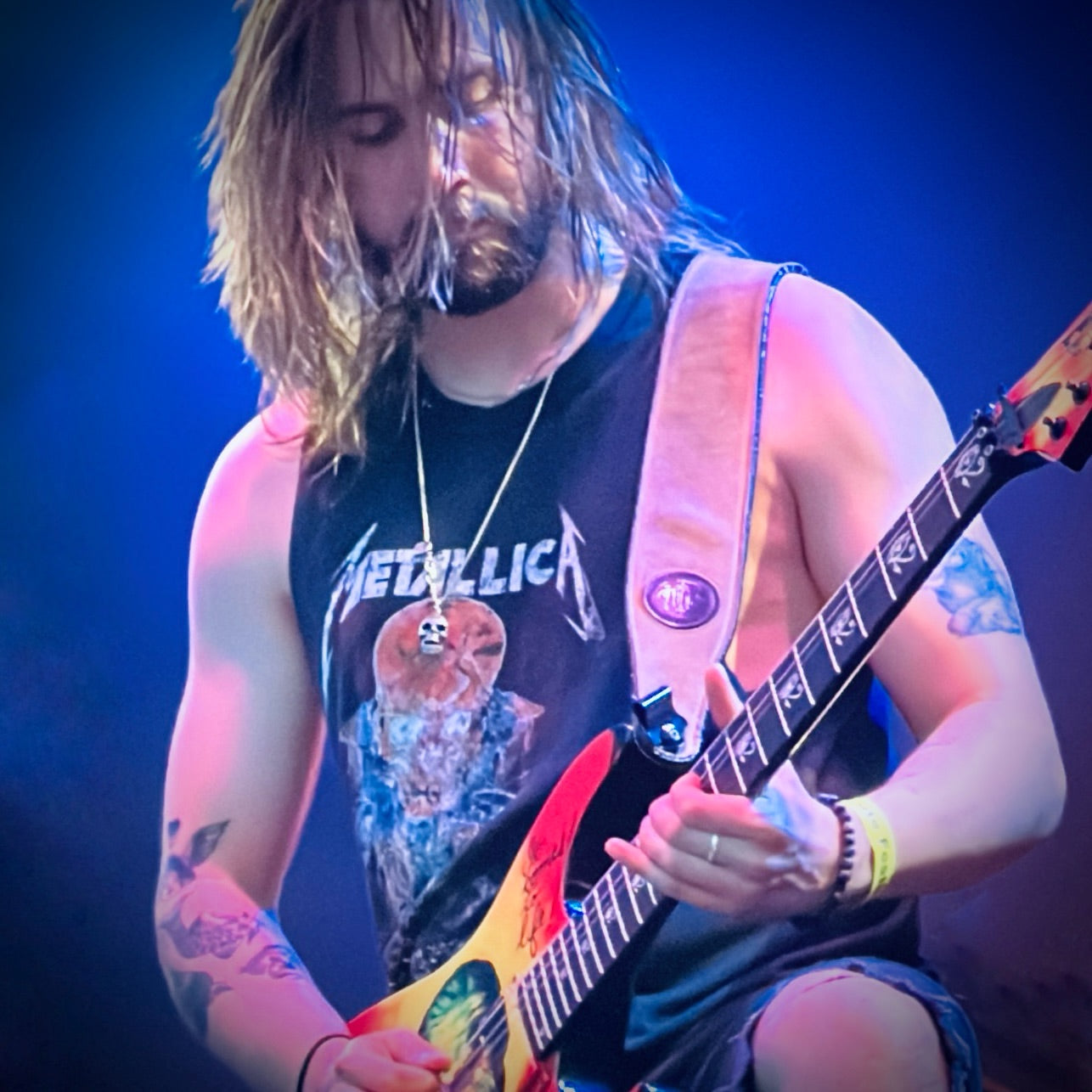Jack from Metal Militia performing live while wearing the FINAL LAUGH sterling silver skull pendant by ROCKSTAR★REFINEMENTS™