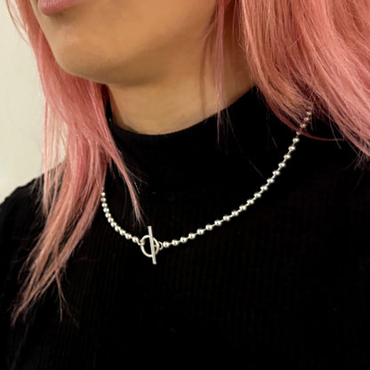 LAYER SLAYER polished 5mm ball chain. Photographed on model.