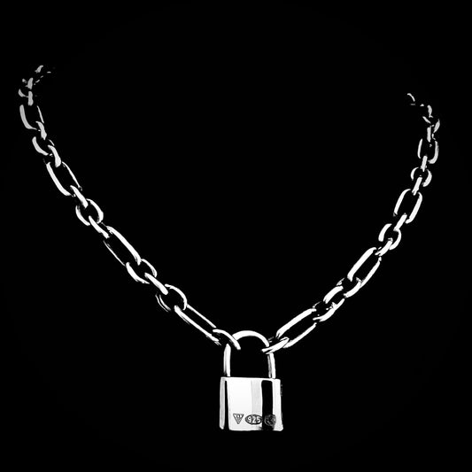 ROCKSTAR★REFINEMENTS™ LOCKED-IN padlock chain necklace — rear view with sterling silver hallmark
