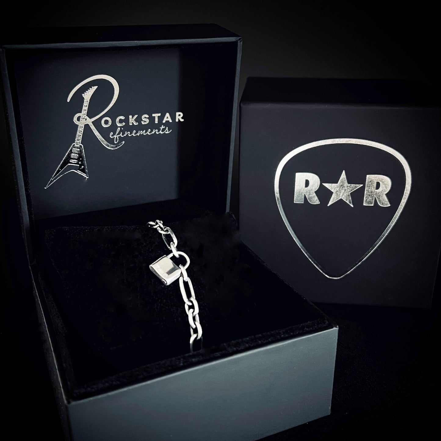 LOCKED-IN WRIST CHAIN padlock bracelet displayed in ROCKSTAR★REFINEMENTS™ box. 