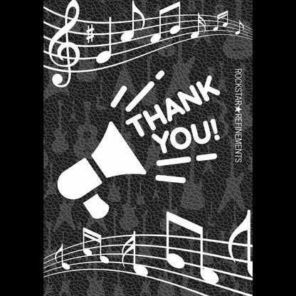 ROCKSTAR★REFINEMENTS™ gift card design with musical notes, a megaphone icon, and the text ‘Thank You’ on a dark textured background.