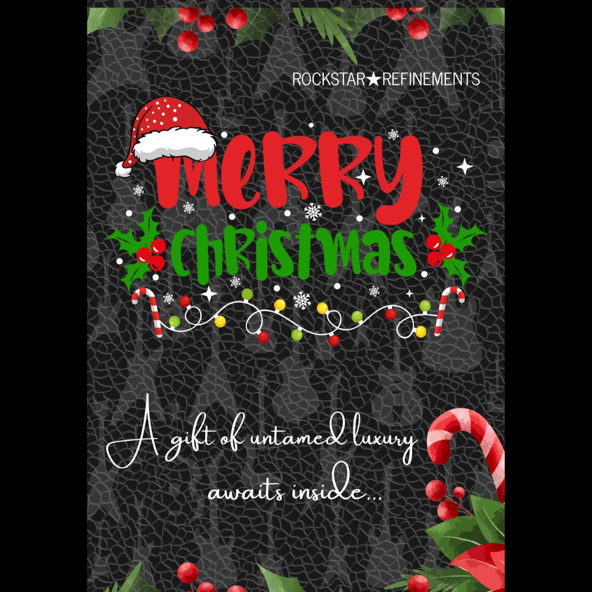 Christmas greetings card by ROCKSTAR★REFINEMENTS with “Merry Christmas” text, holly and candy-cane details on a black textured background featuring subtle electric guitar silhouettes.
