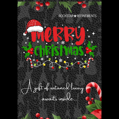 Christmas greetings card by ROCKSTAR★REFINEMENTS with “Merry Christmas” text, holly and candy-cane details on a black textured background featuring subtle electric guitar silhouettes.