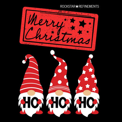 Christmas greetings card by ROCKSTAR★REFINEMENTS with three gnomes, “HO HO HO” text, and a “Merry Christmas” sign on a black background