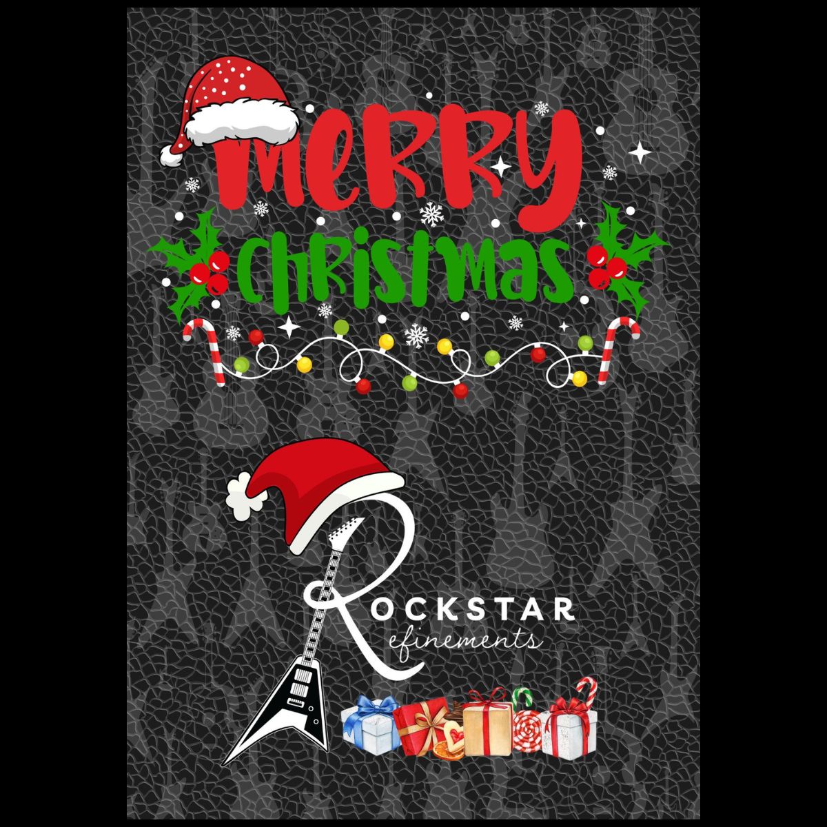 Postable Christmas greetings card with Santa hat on the ROCKSTAR★REFINEMENTS logo and gift boxes underneath.