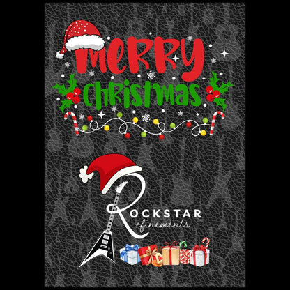 Postable Christmas greetings card with Santa hat on the ROCKSTAR★REFINEMENTS logo and gift boxes underneath.