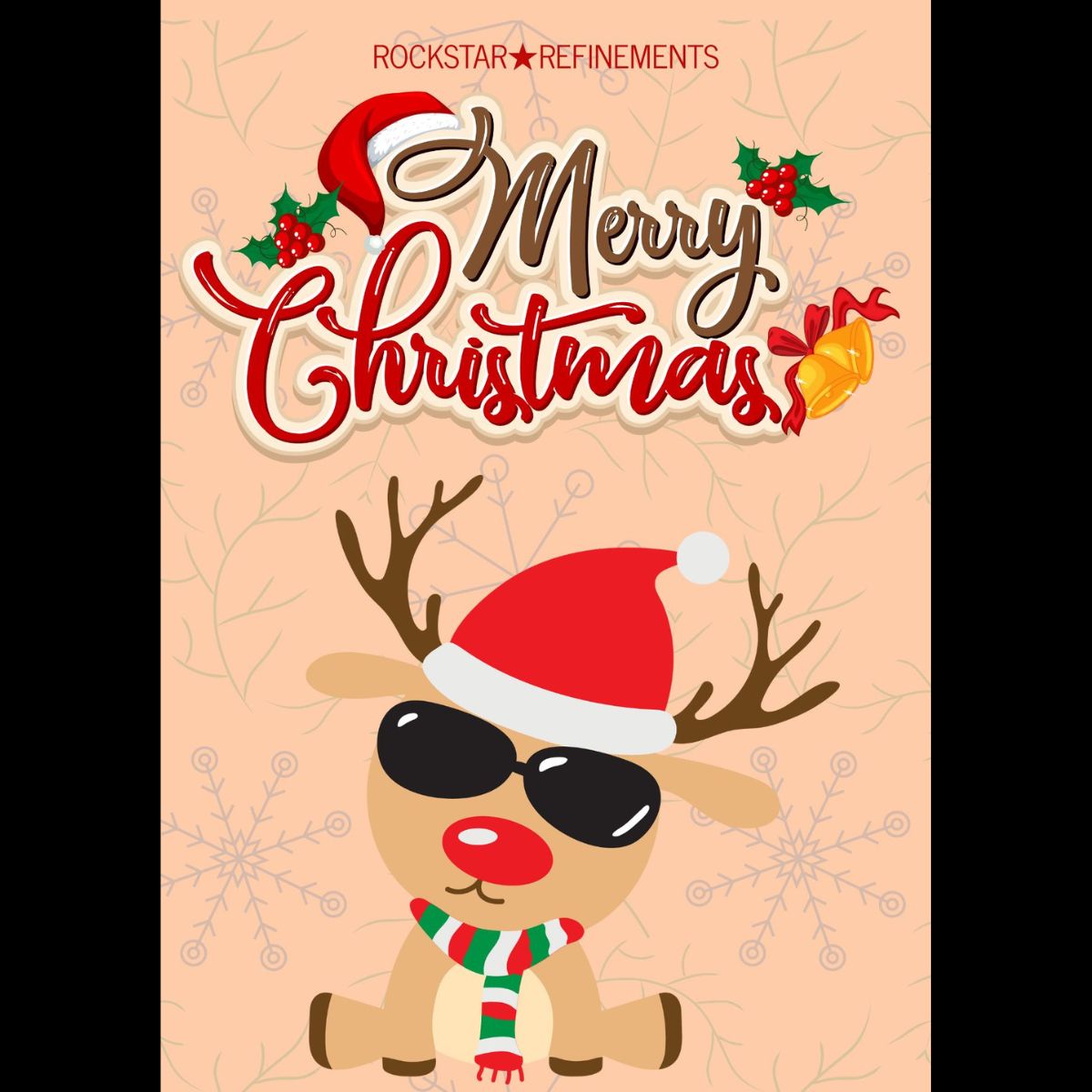Christmas greetings card by ROCKSTAR★REFINEMENTS with “Merry Christmas” text and a rockstar reindeer wearing sunglasses and a Santa hat on a light background with subtle snowflake patterns.