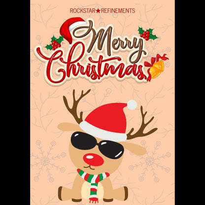 Christmas greetings card by ROCKSTAR★REFINEMENTS with “Merry Christmas” text and a rockstar reindeer wearing sunglasses and a Santa hat on a light background with subtle snowflake patterns.