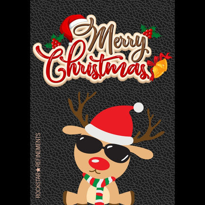 Christmas greetings card by ROCKSTAR★REFINEMENTS with “Merry Christmas” text and a rockstar reindeer wearing sunglasses and a Santa hat on a black textured background.
