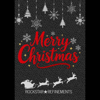 Christmas greetings card by ROCKSTAR★REFINEMENTS with “Merry Christmas” text, Santa’s sleigh, and snowflakes on a black textured background