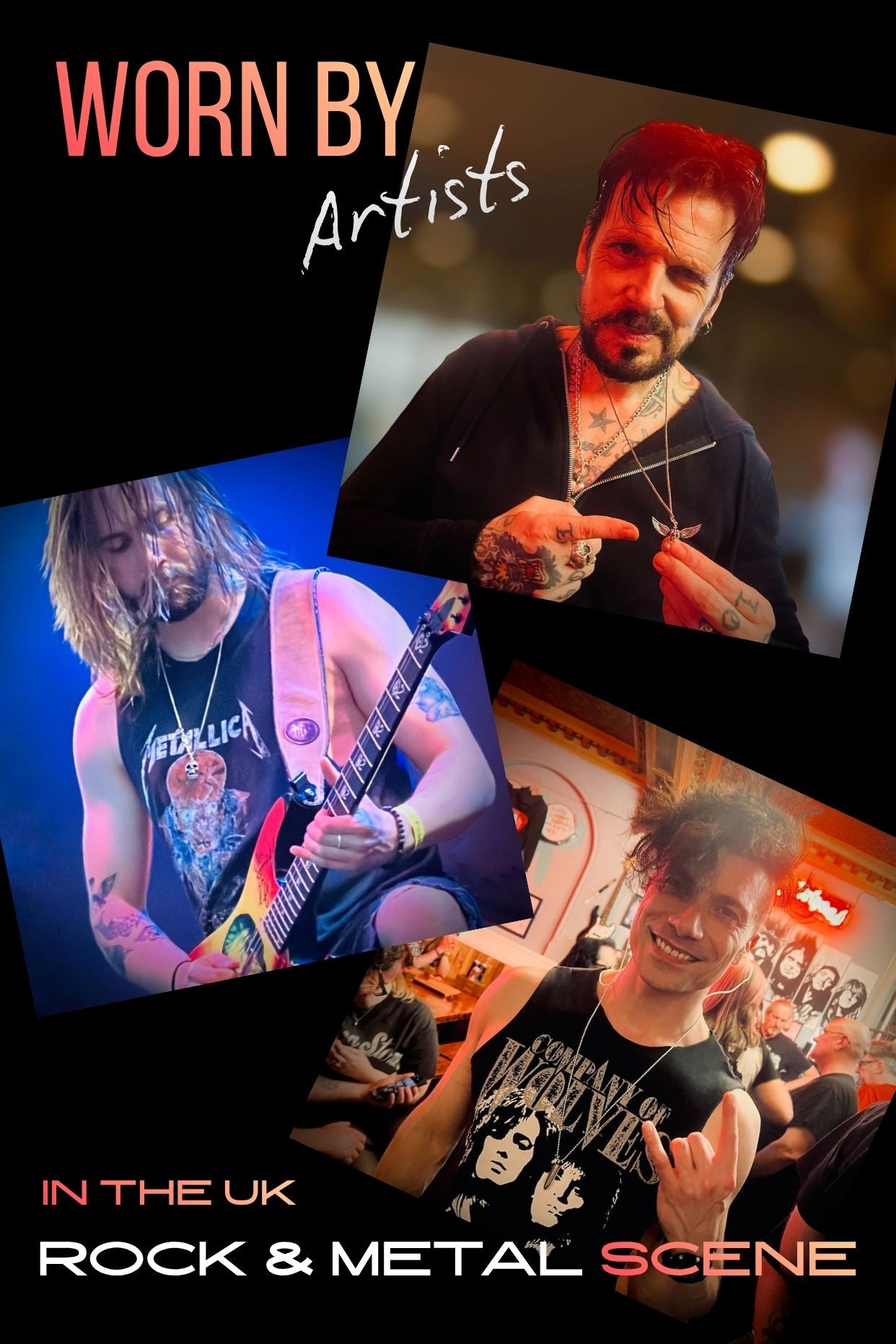 Collage of UK rock and metal musicians wearing ROCKSTAR★REFINEMENTS™ sterling silver jewellery