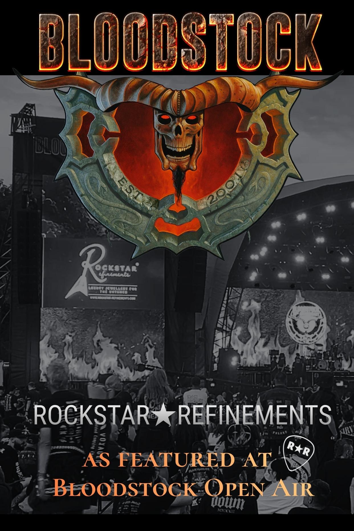 Bloodstock Open Air Festival emblem with ROCKSTAR★REFINEMENTS advertisement showing on the main stage video screens.