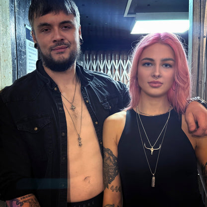 models wearing layered ROCKSTAR★REFINEMENTS™ necklaces, including POISON IS THE CURE, DON'T SQUAT WITH YER SPURS ON, STACKED INTENTIONS, ALTAR EGO and the WARBORN RELIC