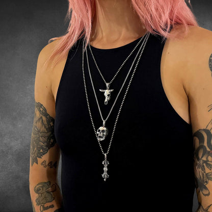 NO BS sterling silver bull skull pendant worn in a layered look as part of the HARDER : FOR HIM collection 