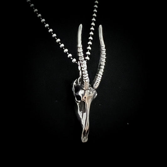 Silver antelope skull pendant necklace on a black background – NO GRAZING BACK by ROCKSTAR★REFINEMENTS