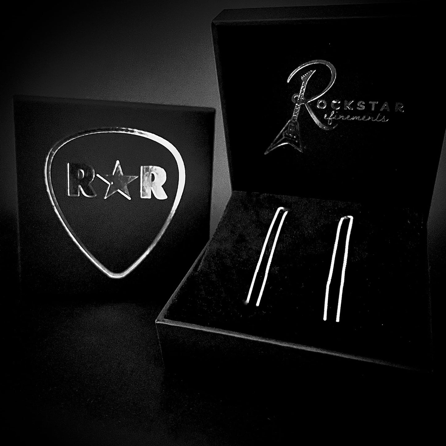 OUT OF LINE sterling silver box chain threader earrings by ROCKSTAR★REFINEMENTS™ photographed in branded jewellery box 
