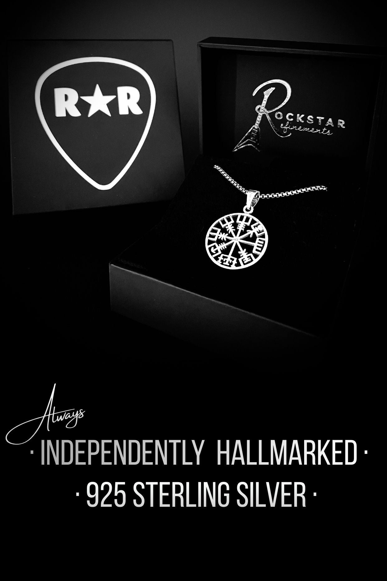 Hallmarked sterling silver pendant displayed with ROCKSTAR★REFINEMENTS™ luxury packaging, highlighting independently hallmarked 925 sterling silver jewellery