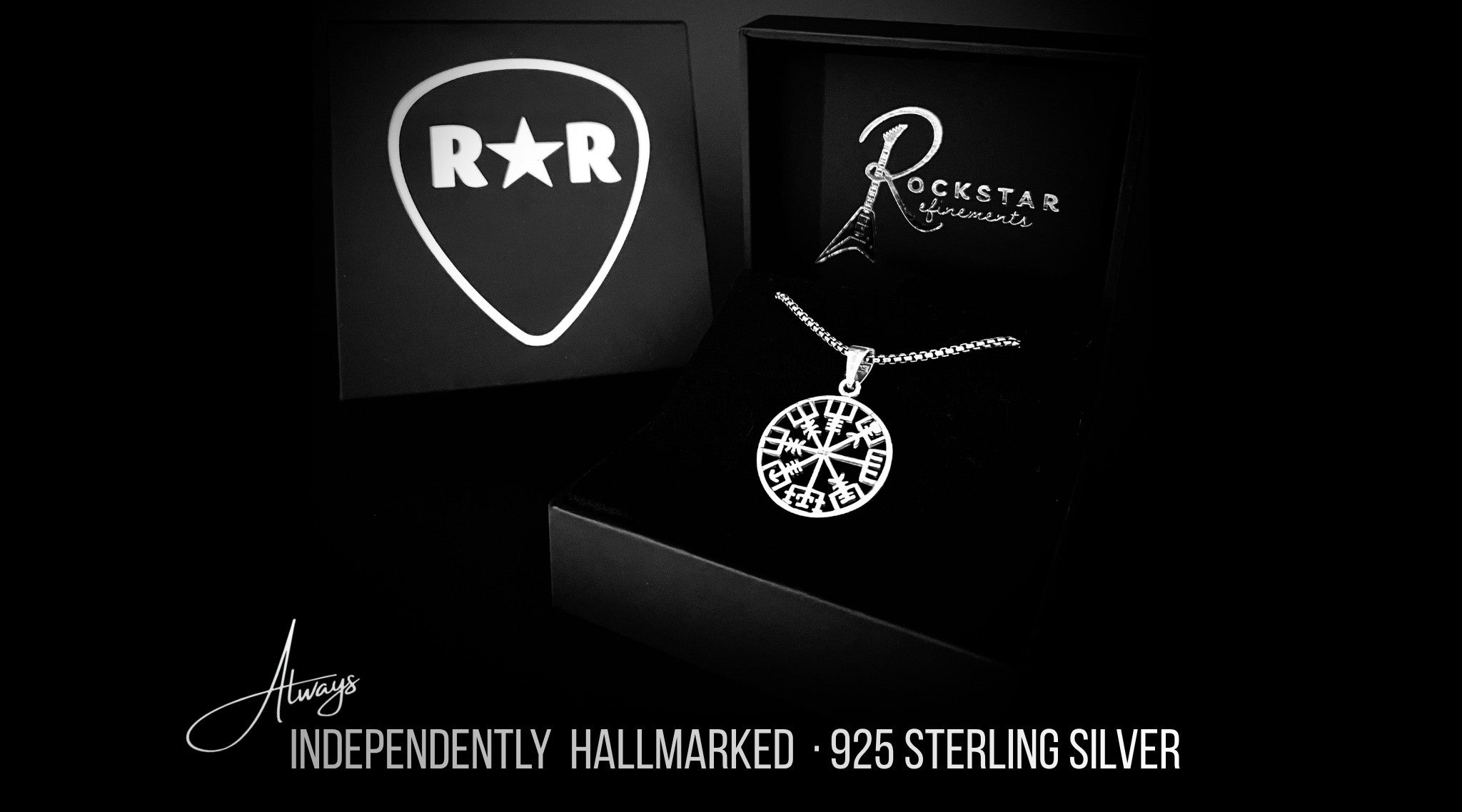 Hallmarked sterling silver pendant displayed with ROCKSTAR★REFINEMENTS™ luxury packaging, highlighting independently hallmarked 925 sterling silver jewellery