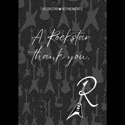 ROCKSTAR★REFINEMENTS™ thank you gift card design with handwritten-style text reading “A Rockstar thank you.” on a dark guitar-textured background, featuring the R★R guitar logo.
