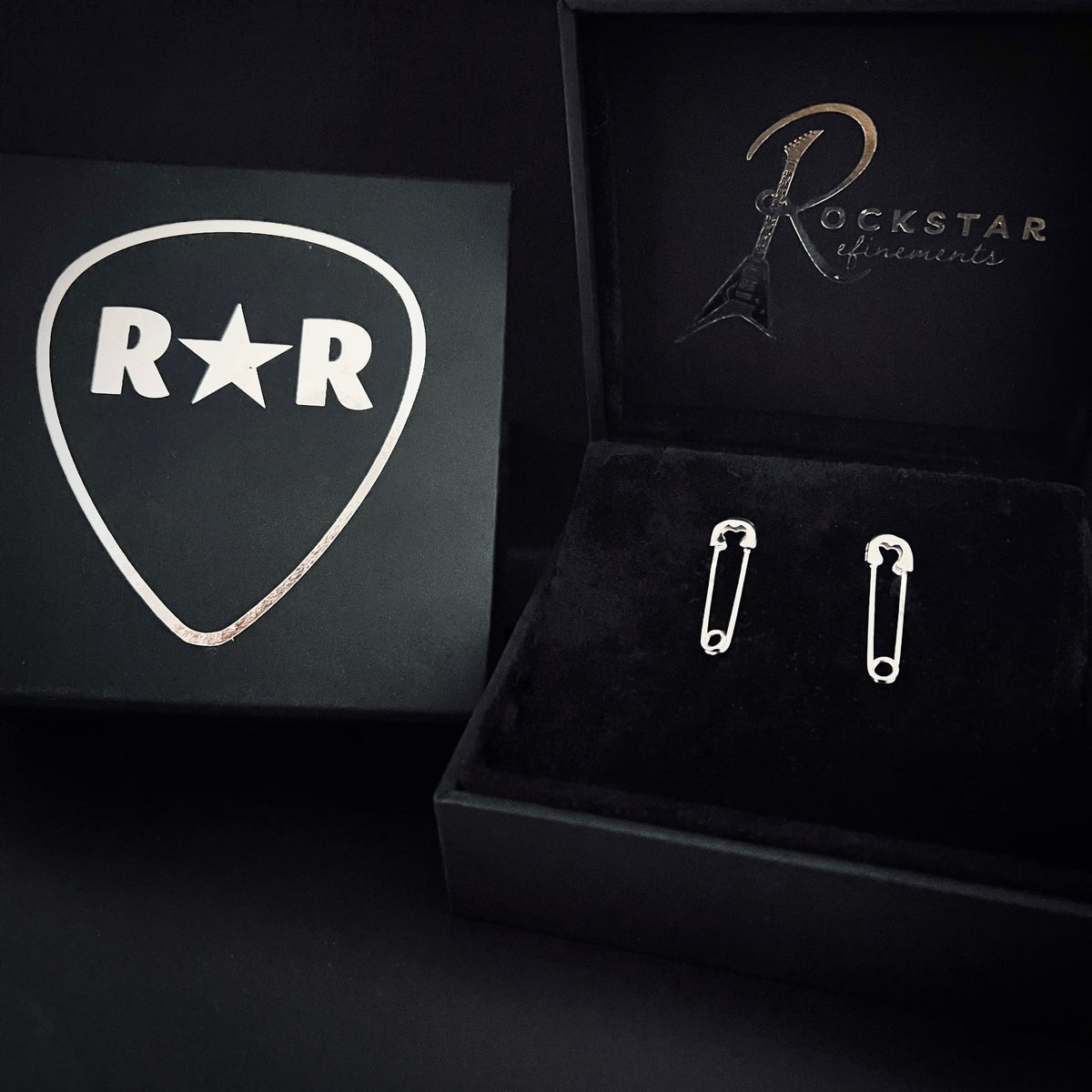 SAFETY LAST sterling silver safety pin style earrings. Photographed in branded R★R jewellery box. 