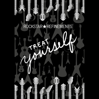 ROCKSTAR★REFINEMENTS™ gift card design with guitar silhouettes and the words ‘Treat yourself’ on a dark background.