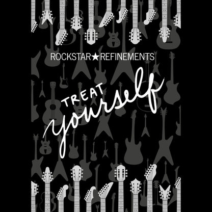 ROCKSTAR★REFINEMENTS™ gift card design with guitar silhouettes and the words ‘Treat yourself’ on a dark background.
