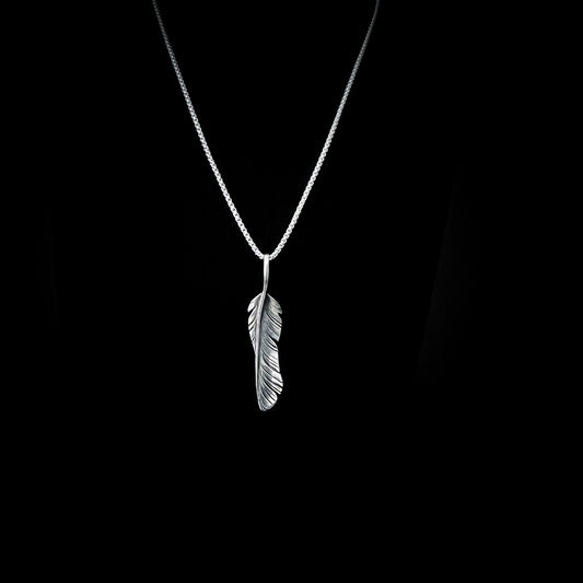 Sterling silver WINGING IT feather pendant on 26-inch high-shine box chain by ROCKSTAR★REFINEMENTS
