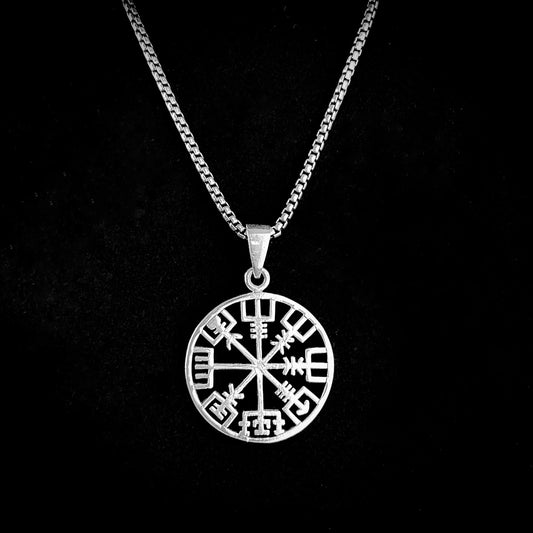 Sterling silver RECKLESS ROUTE compass on 26-inch oxidised box chain